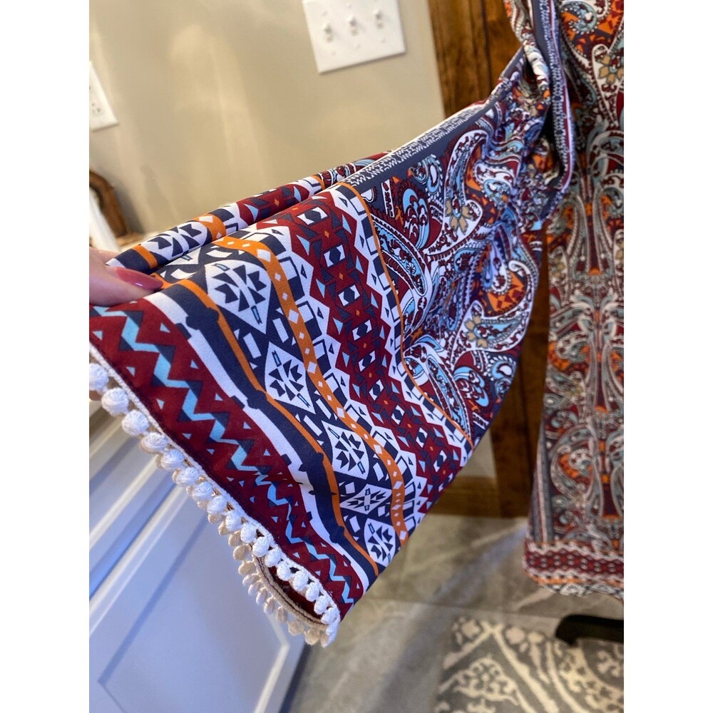 My Michelle Boho Paisley Dress Size Large Bell Sleeve Tunic Burgundy Hippie ‘70 - Picture 6 of 12